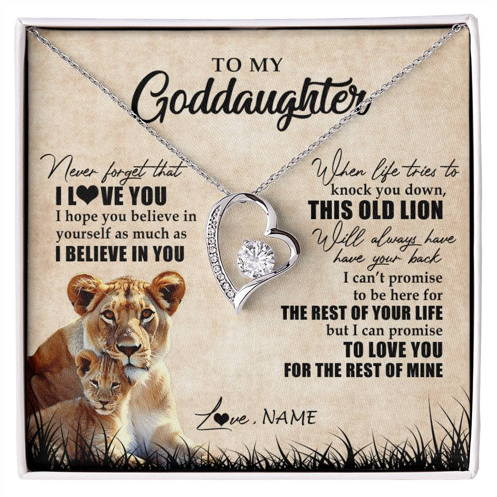 Forever Love Necklace 14K White Gold Finish | Personalized To My Goddaughter Gifts Necklace From Godmother Old Lion Goddaughter Jewelry Birthday Gifts Graduation Christmas Customized Gift Box Message Card | siriusteestore