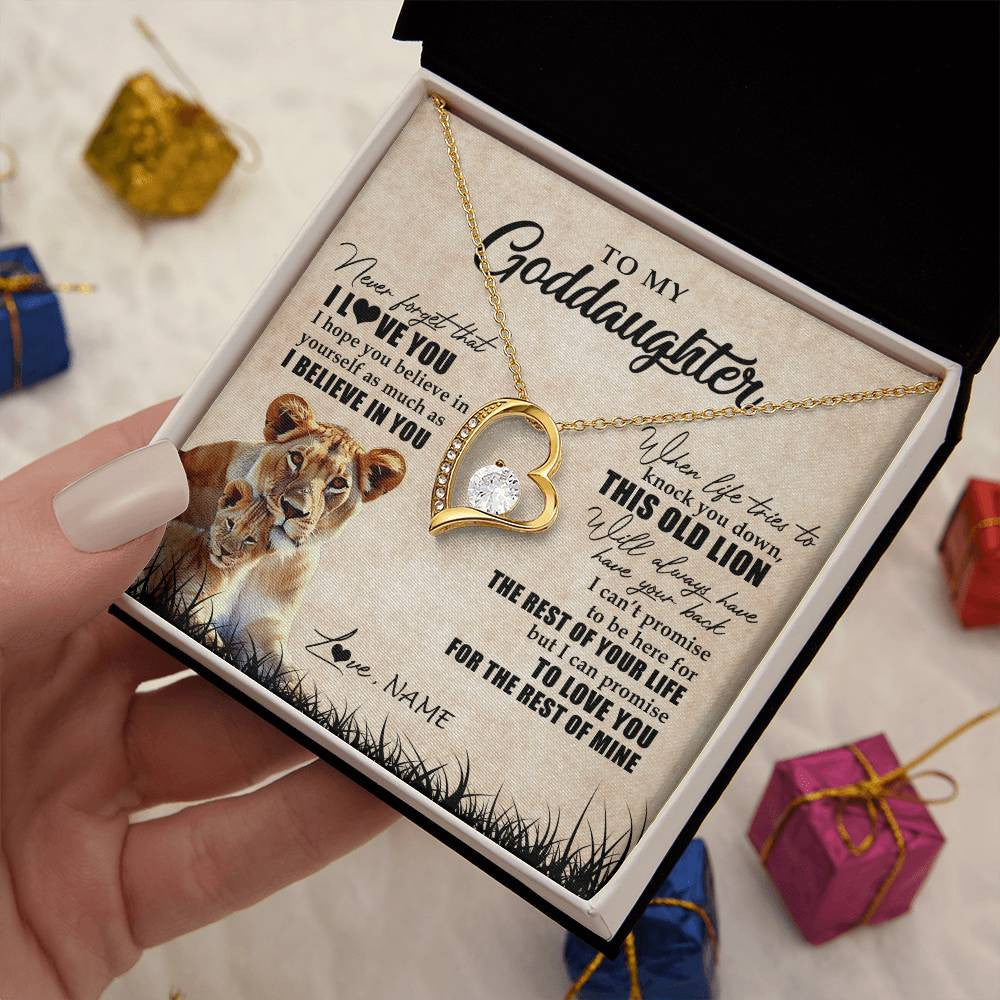 Forever Love Necklace 18K Yellow Gold Finish | Personalized To My Goddaughter Gifts Necklace From Godmother Old Lion Goddaughter Jewelry Birthday Gifts Graduation Christmas Customized Gift Box Message Card | siriusteestore