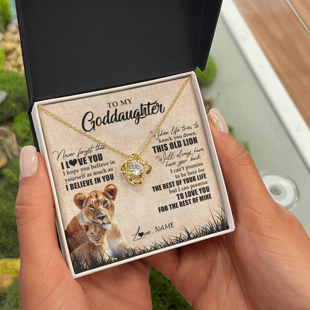 Love Knot Necklace 18K Yellow Gold Finish | Personalized To My Goddaughter Gifts Necklace From Godmother Old Lion Goddaughter Jewelry Birthday Gifts Graduation Christmas Customized Gift Box Message Card | siriusteestore