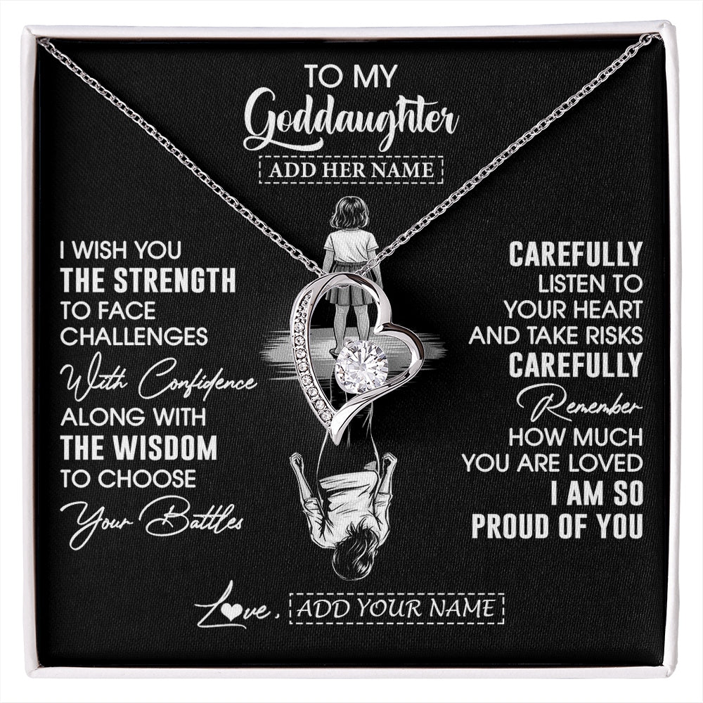Forever Love Necklace 14K White Gold Finish | 1 | Personalized To My Goddaughter Gifts Necklace From Godmother Uncle I Wish You The Strength Goddaughter Birthday Gifts Christmas Custom Gift Box Message Card | https://siriusteestore.