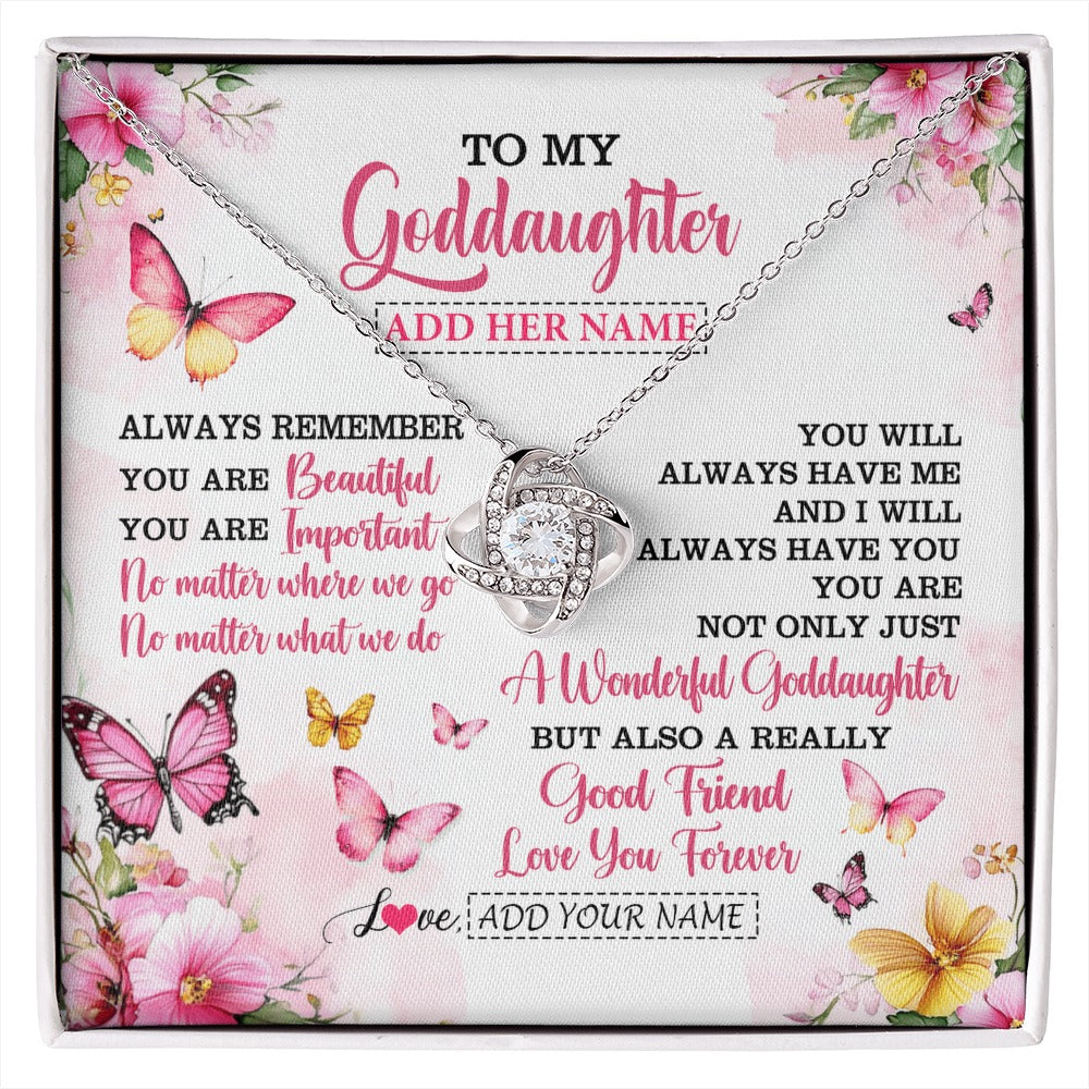Love Knot Necklace 14K White Gold Finish | 1 | Personalized To My Goddaughter Gifts Necklace From Godmother You Are Beautiful Birthday Gifts For Goddaughter Graduation Christmas Custom Gift Box Message Card | https://siriusteestore.
