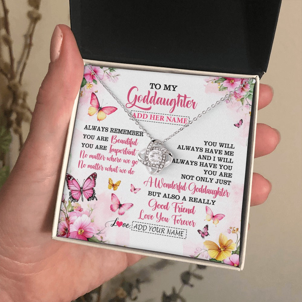 Love Knot Necklace 14K White Gold Finish | 2 | Personalized To My Goddaughter Gifts Necklace From Godmother You Are Beautiful Birthday Gifts For Goddaughter Graduation Christmas Custom Gift Box Message Card | https://siriusteestore.