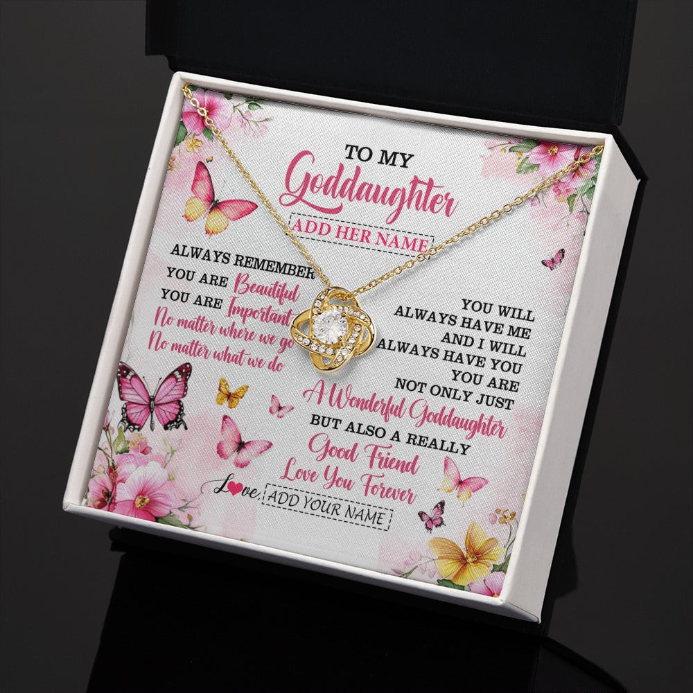 Love Knot Necklace 18K Yellow Gold Finish | 2 | Personalized To My Goddaughter Gifts Necklace From Godmother You Are Beautiful Birthday Gifts For Goddaughter Graduation Christmas Custom Gift Box Message Card | https://siriusteestore.