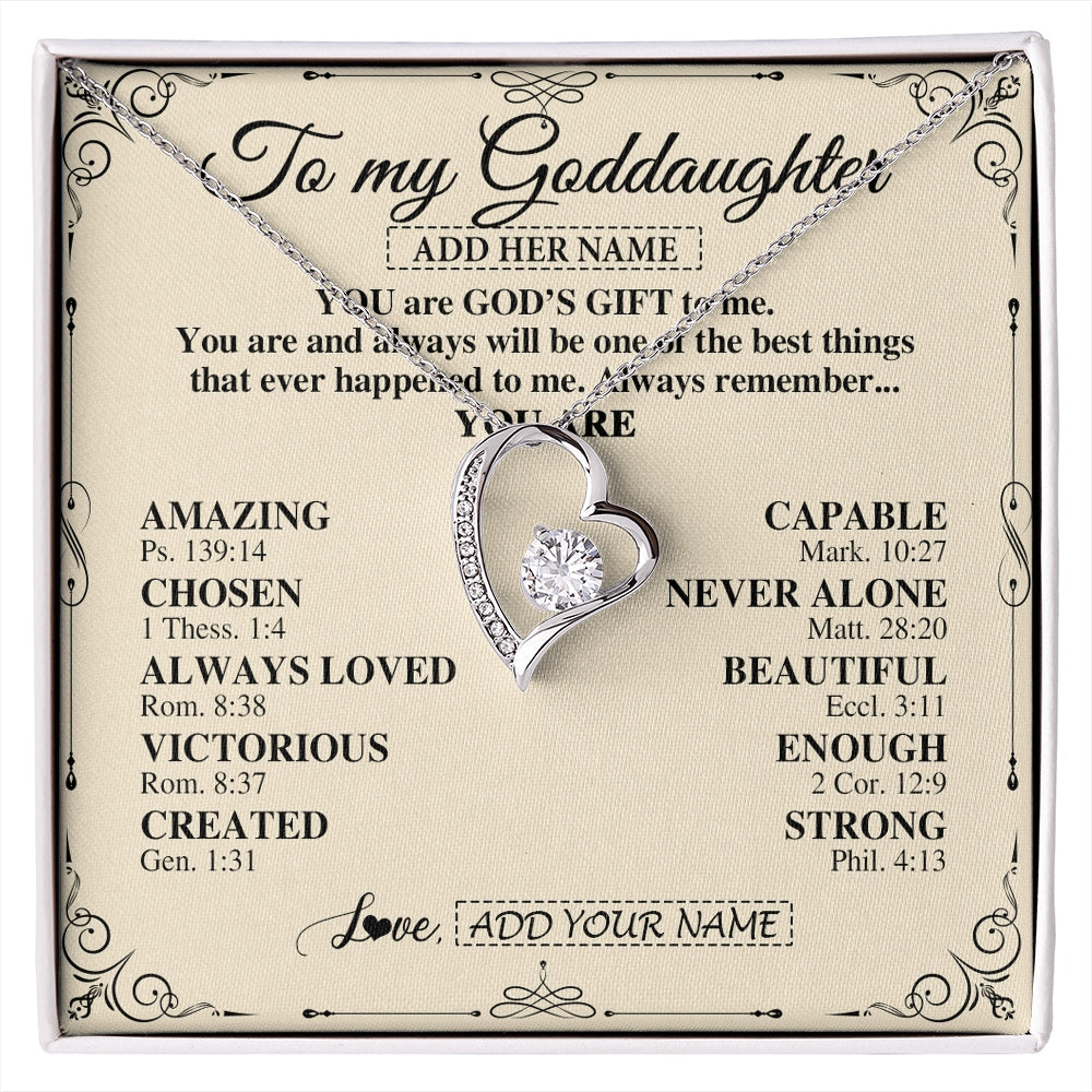 Forever Love Necklace 14K White Gold Finish | 1 | Personalized To My Goddaughter Gifts Necklace From Godmother You Are God's Gift To Me Goddaughter Birthday Gifts Christmas Christian Gift Box Message Card | https://siriusteestore.