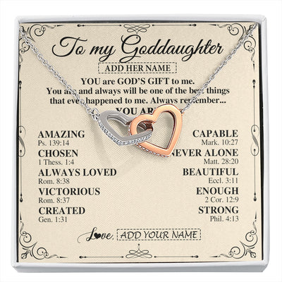 Interlocking Hearts Necklace Stainless Steel & Rose Gold Finish | 1 | Personalized To My Goddaughter Gifts Necklace From Godmother You Are God's Gift To Me Goddaughter Birthday Gifts Christmas Christian Gift Box Message Card | https://siriusteestore.