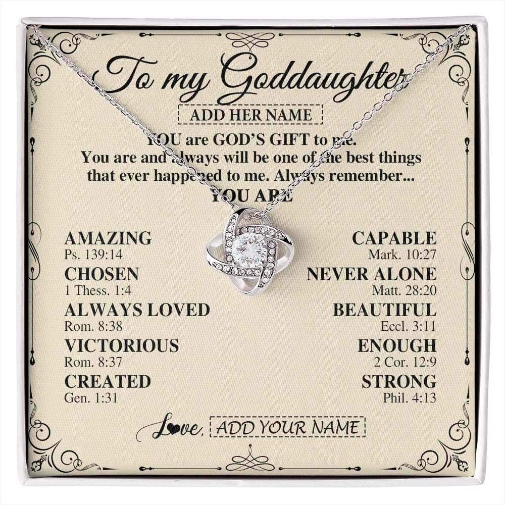 Love Knot Necklace 14K White Gold Finish | 1 | Personalized To My Goddaughter Gifts Necklace From Godmother You Are God's Gift To Me Goddaughter Birthday Gifts Christmas Christian Gift Box Message Card | https://siriusteestore.