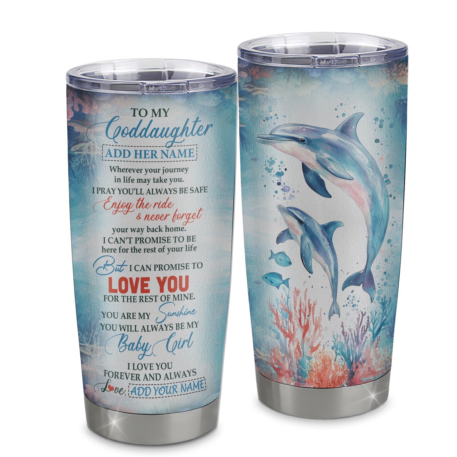 Personalized To My Goddaughter Gifts Tumbler Dolphin From Godmother Sunshine Baby Girl Goddaughter Birthday Gift Christmas Customized Stainless Steel Insulated Mug | siriusteestore