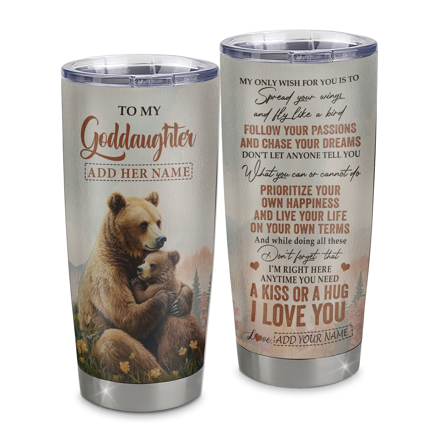 Personalized To My Goddaughter Gifts Tumbler From Godmother Bear My Only Wish For You Goddaughter Birthday Gifts Graduation Christmas Custom Stainless Steel Travel Mug | siriusteestore
