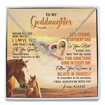 Interlocking Hearts Necklace Stainless Steel & Rose Gold Finish | 1 | Personalized To My Goddaughter I Love You Forever Necklace From Godfather Aunt Horse Goddaughter Birthday JewelryChristmas Customized Gift Box Message Card | siriusteestore