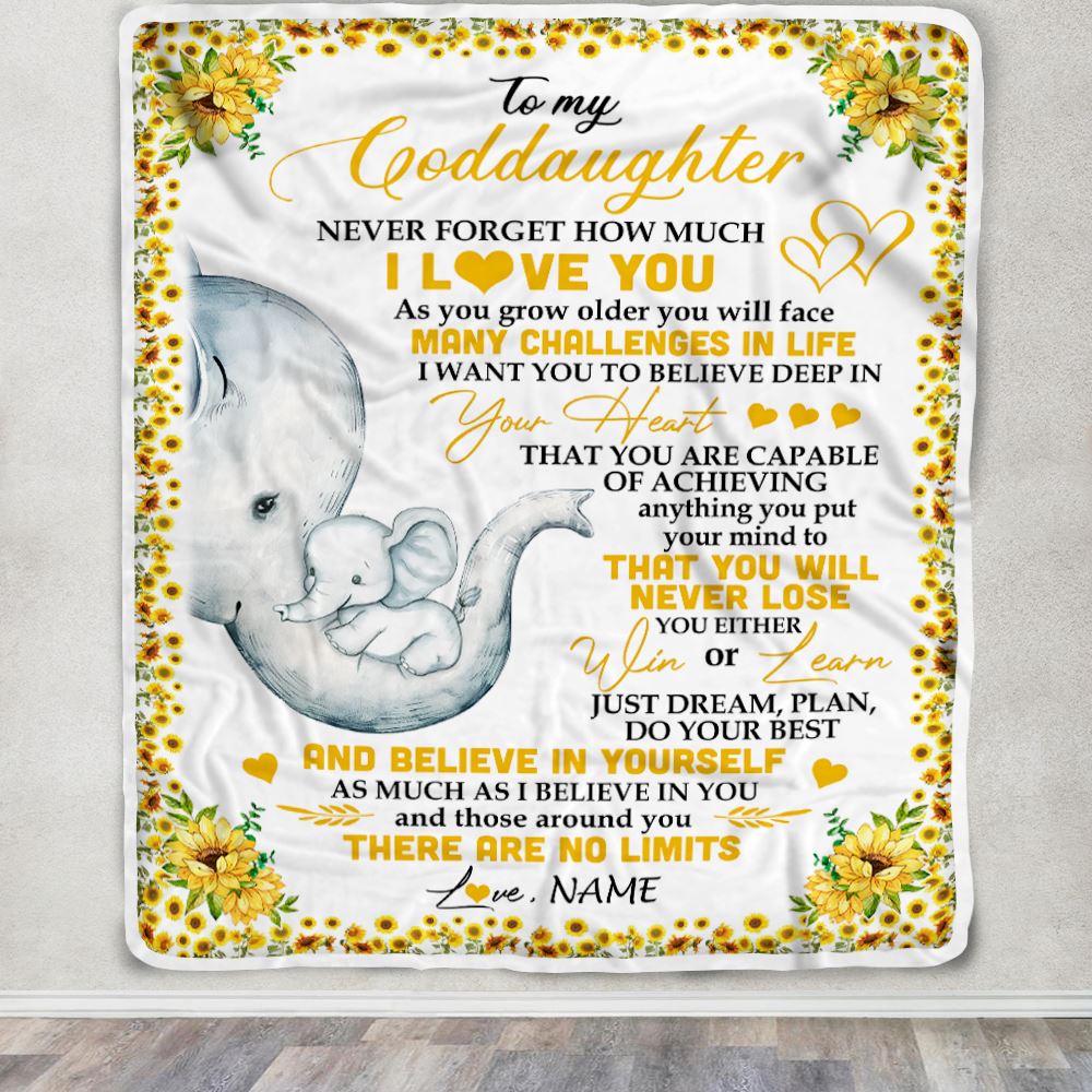 Personalized To My Goddaughter I Love You From Aunt Titi Sunflower Elephant Goddaughter Birthday Christmas Thanksgiving Graduation Customized Fleece Blanket | siriusteestore