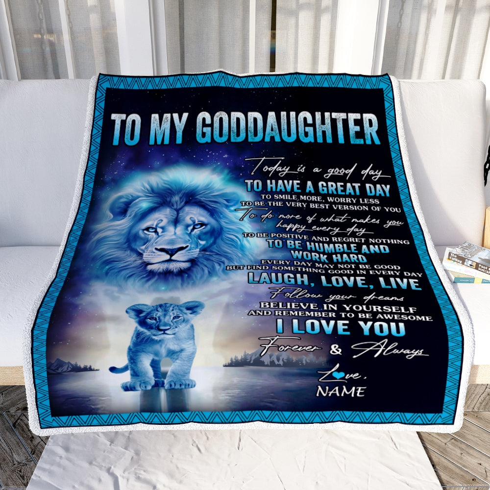 Personalized To My Goddaughter Lion Blanket From Godfather Every Day Laugh Love Live Goddaughter Birthday Christmas Customized Bed Fleece Throw Blanket | siriusteestore
