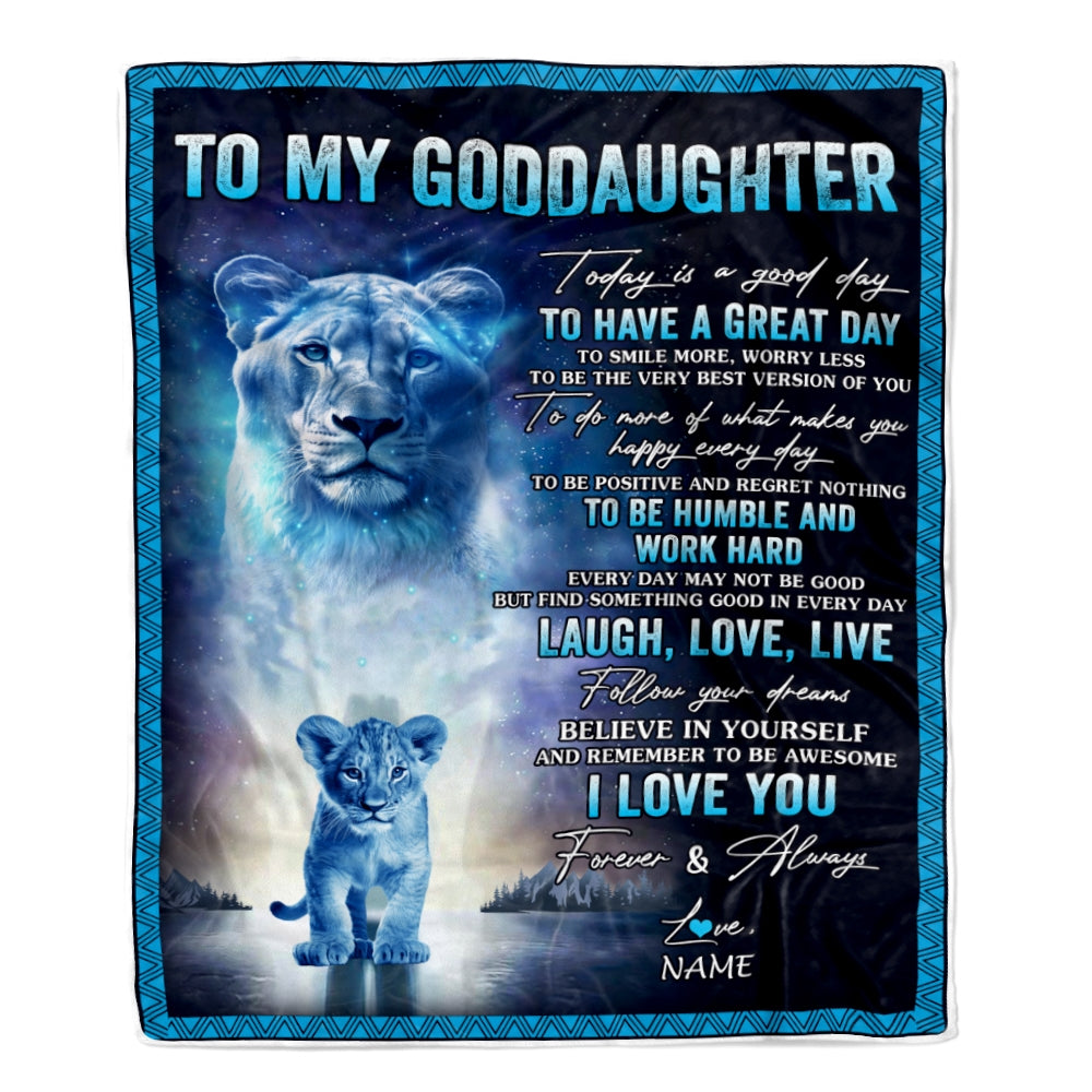 Personalized To My Goddaughter Lion Blanket From Godmother Every Day Laugh Love Live Goddaughter Birthday Christmas Customized Bed Fleece Throw Blanket | siriusteestore