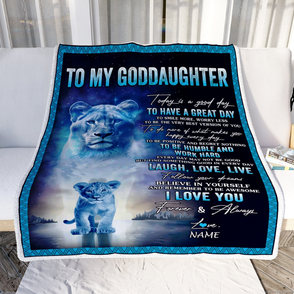 Personalized To My Goddaughter Lion Blanket From Godmother Every Day Laugh Love Live Goddaughter Birthday Christmas Customized Bed Fleece Throw Blanket | siriusteestore
