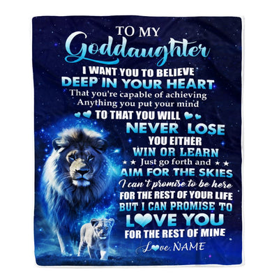 Personalized To My Goddaughter Lion From Godfather Blanket Believe Your Heart Goddaughter Gift Birthday Graduation Christmas Custom Customized Fleece Blanket | siriusteestore