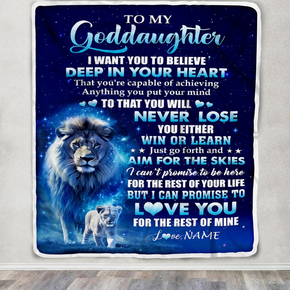 Personalized To My Goddaughter Lion From Godfather Blanket Believe Your Heart Goddaughter Gift Birthday Graduation Christmas Custom Customized Fleece Blanket | siriusteestore