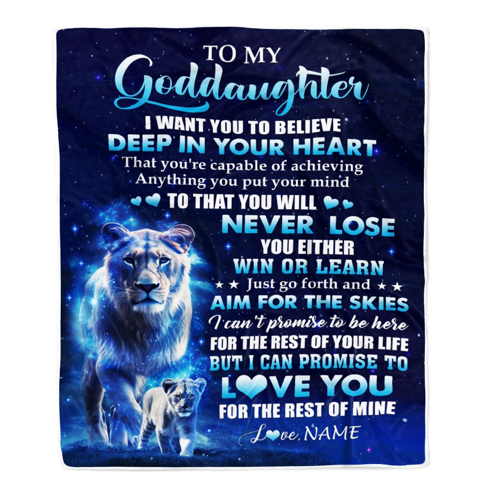 Personalized To My Goddaughter Lion From Godmother Blanket Believe Your Heart Goddaughter Gift Birthday Graduation Christmas Custom Customized Fleece Blanket | siriusteestore