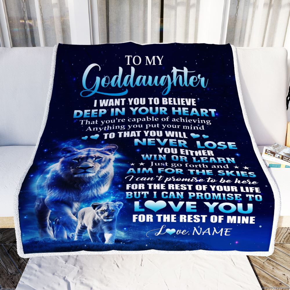 Personalized To My Goddaughter Lion From Godmother Blanket Believe Your Heart Goddaughter Gift Birthday Graduation Christmas Custom Customized Fleece Blanket | siriusteestore