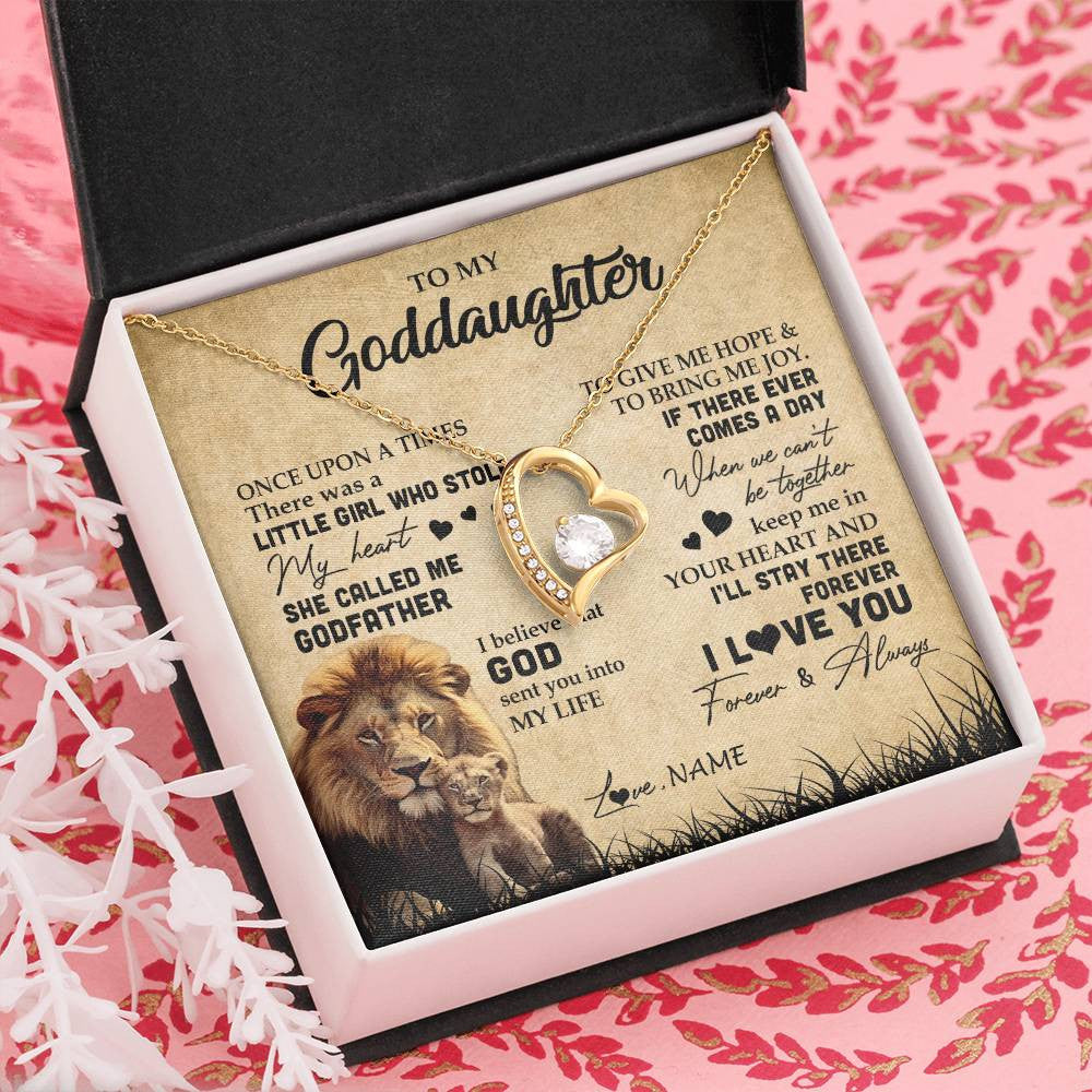 Forever Love Necklace 18K Yellow Gold Finish | Personalized To My Goddaughter Lion Necklace From Godfather I'll Stay There Forever Goddaughter Birthday Graduation Christmas Customized Gift Box Message Card | siriusteestore