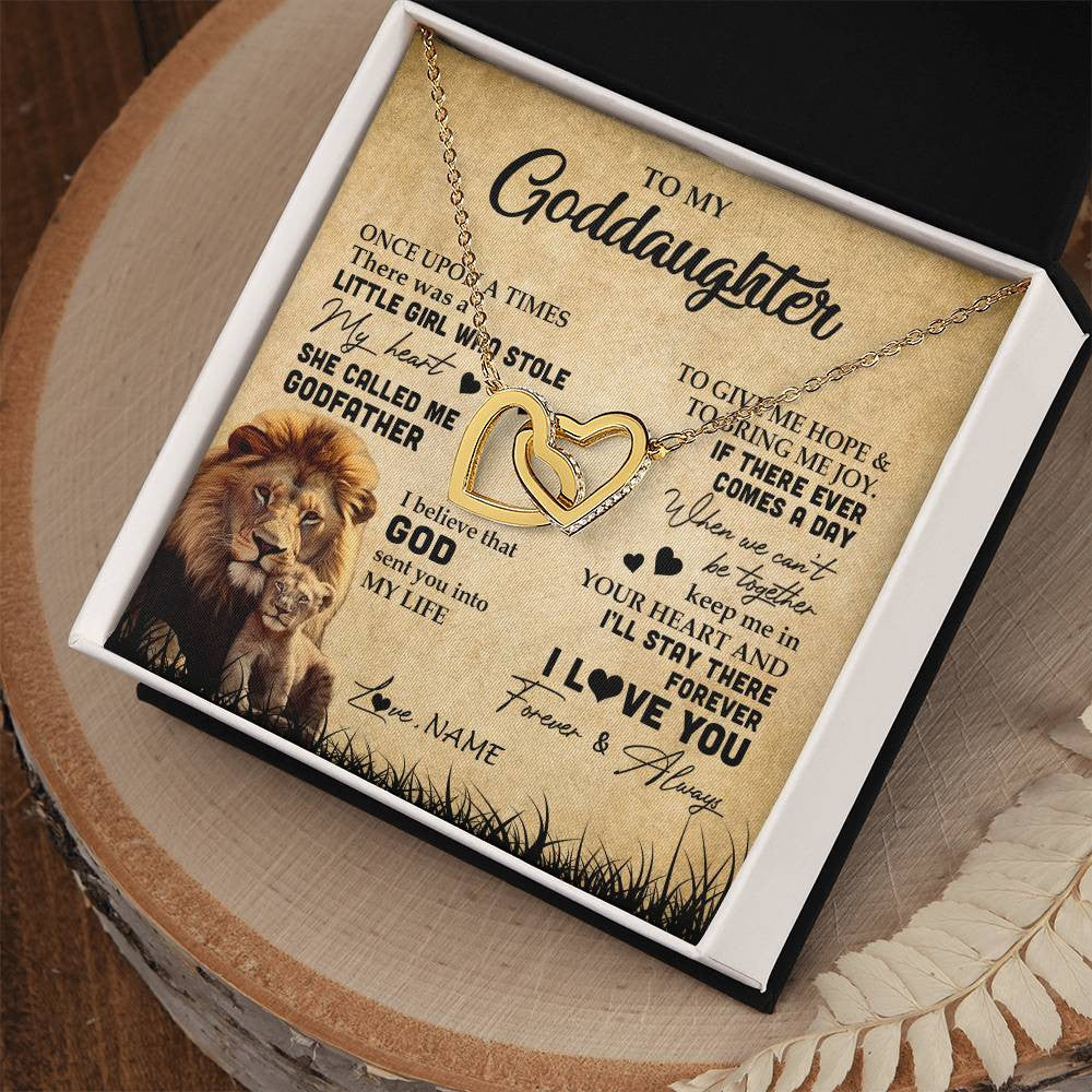 Interlocking Hearts Necklace 18K Yellow Gold Finish | Personalized To My Goddaughter Lion Necklace From Godfather I'll Stay There Forever Goddaughter Birthday Graduation Christmas Customized Gift Box Message Card | siriusteestore