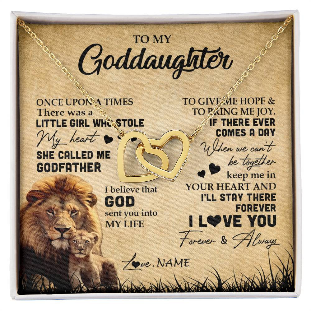 Interlocking Hearts Necklace 18K Yellow Gold Finish | Personalized To My Goddaughter Lion Necklace From Godfather I'll Stay There Forever Goddaughter Birthday Graduation Christmas Customized Gift Box Message Card | siriusteestore