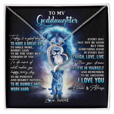 Forever Love Necklace 14K White Gold Finish | 1 | Personalized To My Goddaughter Lion Necklace From Godfather Uncle Every Day Laugh Love Live Goddaughter Birthday Christmas Customized Gift Box Message Card | siriusteestore
