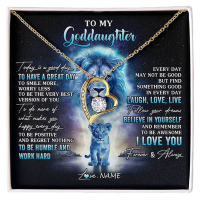 Forever Love Necklace 18K Yellow Gold Finish | 1 | Personalized To My Goddaughter Lion Necklace From Godfather Uncle Every Day Laugh Love Live Goddaughter Birthday Christmas Customized Gift Box Message Card | siriusteestore