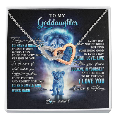 Interlocking Hearts Necklace Stainless Steel & Rose Gold Finish | 1 | Personalized To My Goddaughter Lion Necklace From Godfather Uncle Every Day Laugh Love Live Goddaughter Birthday Christmas Customized Gift Box Message Card | siriusteestore