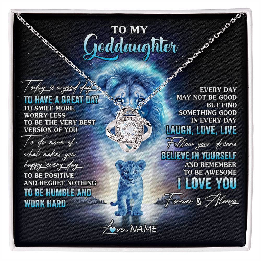Love Knot Necklace 14K White Gold Finish | 1 | Personalized To My Goddaughter Lion Necklace From Godfather Uncle Every Day Laugh Love Live Goddaughter Birthday Christmas Customized Gift Box Message Card | siriusteestore