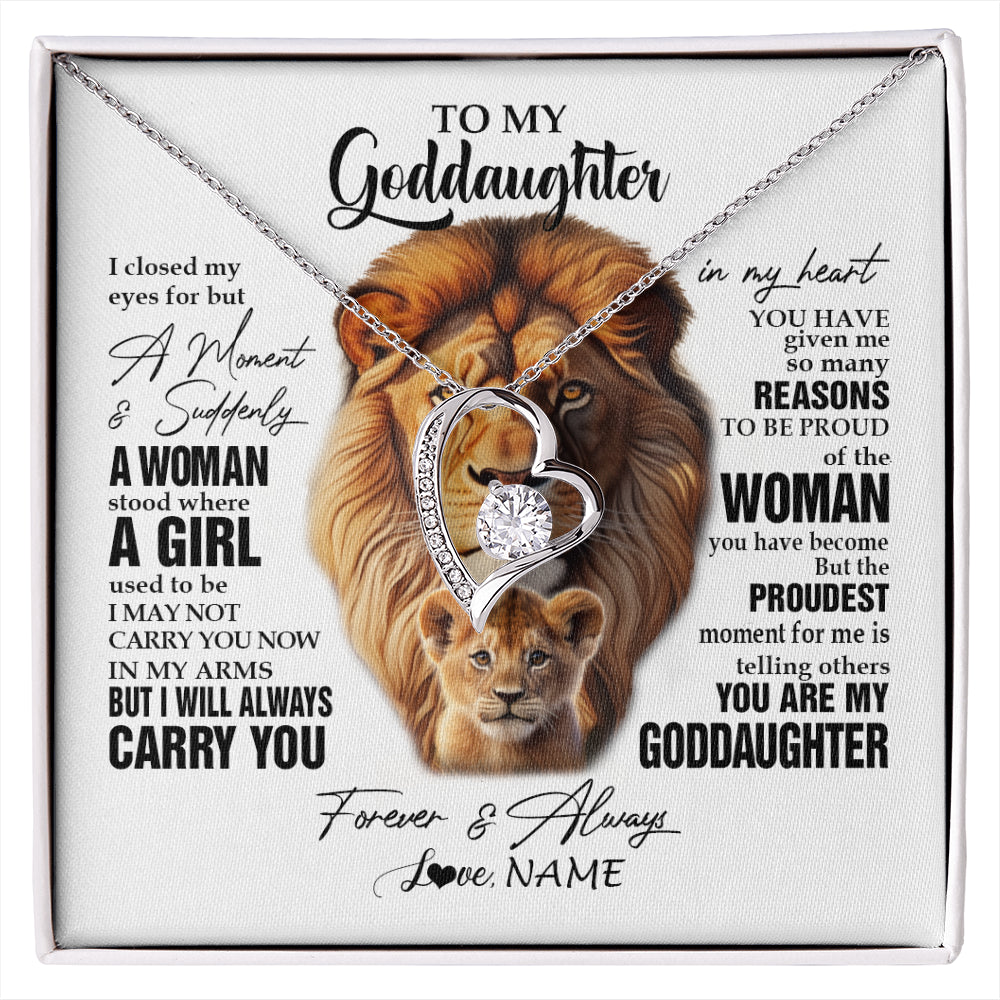 Forever Love Necklace 14K White Gold Finish | 1 | Personalized To My Goddaughter Lion Necklace From Godfather Uncle I Closed My Eyes Great Goddaughter Birthday Gifts Christmas Customized Gift Box Message Card | siriusteestore