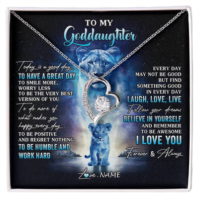Forever Love Necklace 14K White Gold Finish | 1 | Personalized To My Goddaughter Lion Necklace From Godmother Aunt Every Day Laugh Love Live Goddaughter Birthday Christmas Customized Gift Box Message Card | siriusteestore