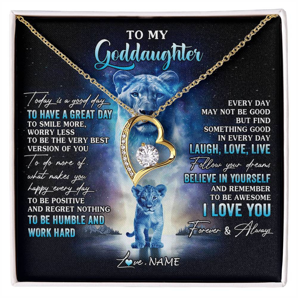 Forever Love Necklace 18K Yellow Gold Finish | 1 | Personalized To My Goddaughter Lion Necklace From Godmother Aunt Every Day Laugh Love Live Goddaughter Birthday Christmas Customized Gift Box Message Card | siriusteestore