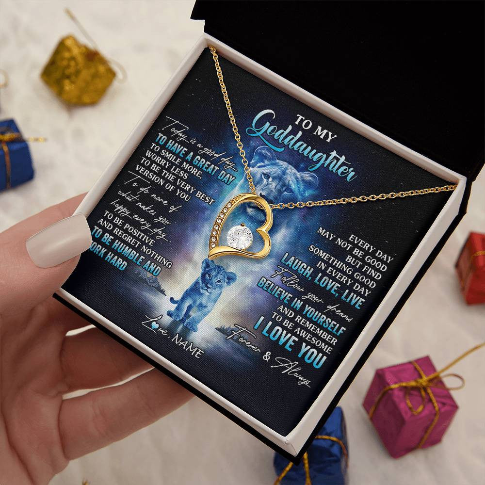 Forever Love Necklace 18K Yellow Gold Finish | 2 | Personalized To My Goddaughter Lion Necklace From Godmother Aunt Every Day Laugh Love Live Goddaughter Birthday Christmas Customized Gift Box Message Card | siriusteestore