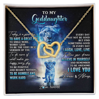Interlocking Hearts Necklace 18K Yellow Gold Finish | 1 | Personalized To My Goddaughter Lion Necklace From Godmother Aunt Every Day Laugh Love Live Goddaughter Birthday Christmas Customized Gift Box Message Card | siriusteestore