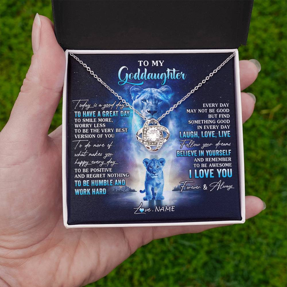 Love Knot Necklace 14K White Gold Finish | 2 | Personalized To My Goddaughter Lion Necklace From Godmother Aunt Every Day Laugh Love Live Goddaughter Birthday Christmas Customized Gift Box Message Card | siriusteestore
