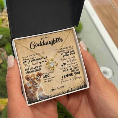 Love Knot Necklace 18K Yellow Gold Finish | Personalized To My Goddaughter Lion Necklace From Godmother I'll Stay There Forever Goddaughter Birthday Graduation Christmas Customized Gift Box Message Card | siriusteestore