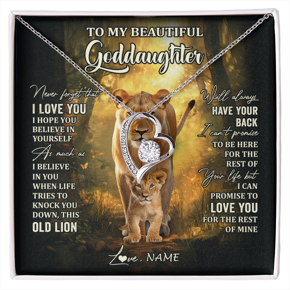 Forever Love Necklace 14K White Gold Finish | 1 | Personalized To My Goddaughter Lion Necklace From Godmother Never Forget That I Love You Niece Birthday Graduation Christmas Customized Gift Box Message Card | siriusteestore