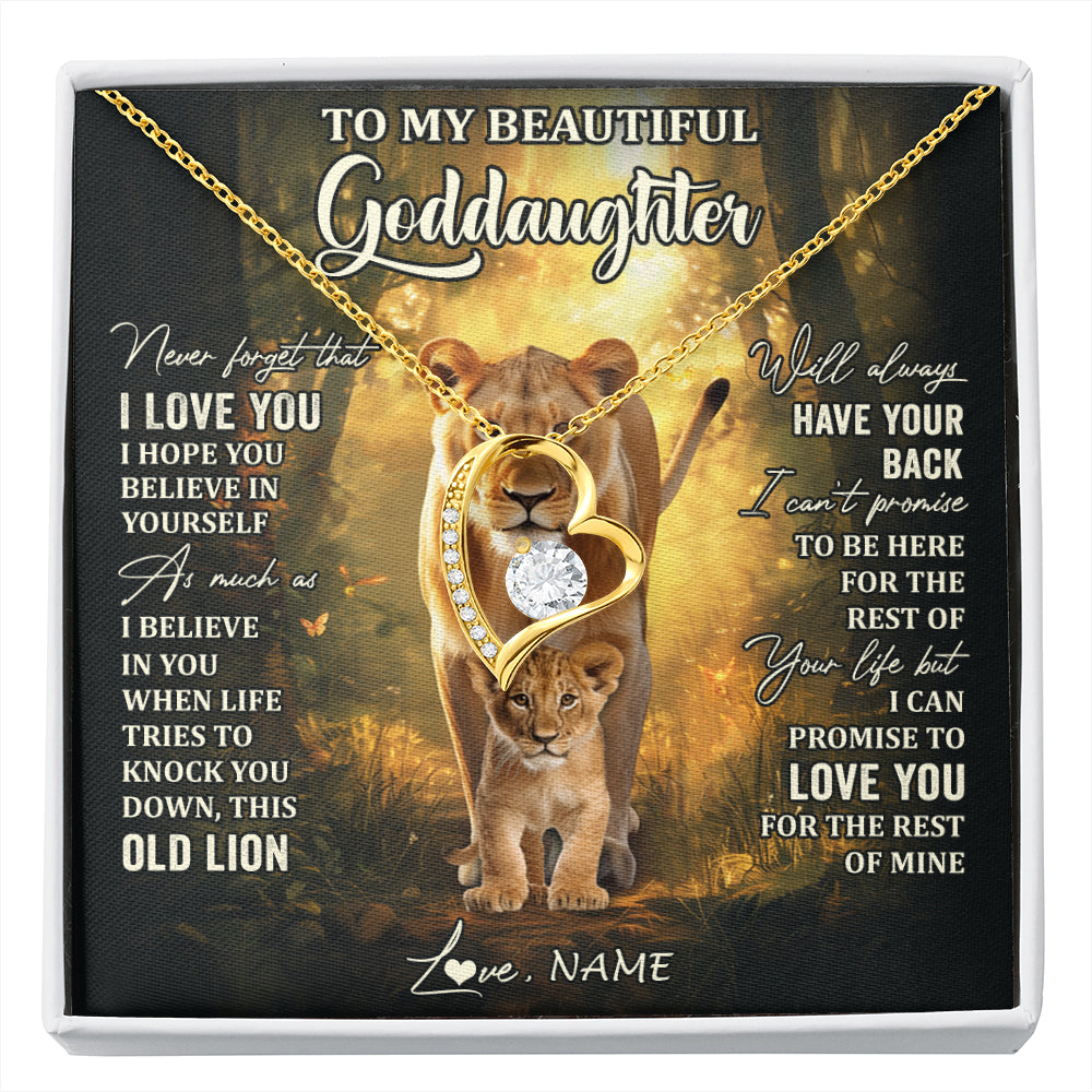 Forever Love Necklace 18K Yellow Gold Finish | 1 | Personalized To My Goddaughter Lion Necklace From Godmother Never Forget That I Love You Niece Birthday Graduation Christmas Customized Gift Box Message Card | siriusteestore