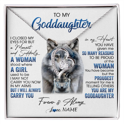 Forever Love Necklace 14K White Gold Finish | 1 | Personalized To My Goddaughter Necklace From Aunt I Close My Eyes For But A Moment Wolf Goddaughter Birthday Gifts Christmas Customized Gift Box Message Card | siriusteestore