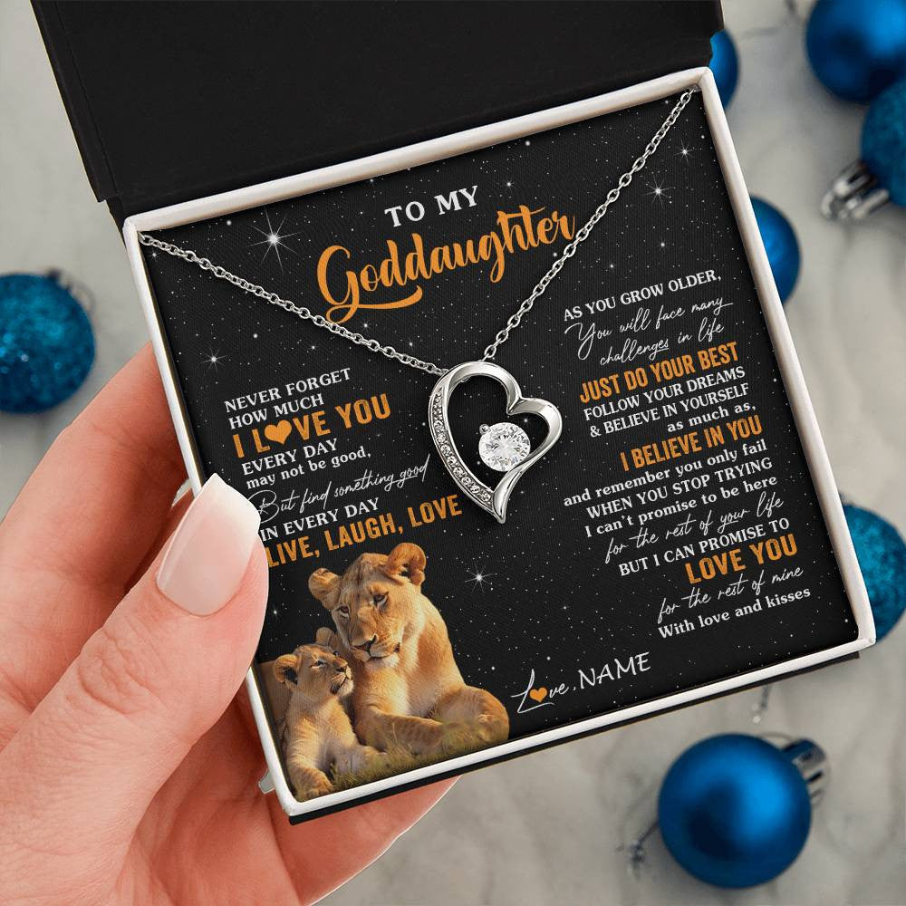 Forever Love Necklace 14K White Gold Finish | 2 | Personalized To My Goddaughter Necklace From Aunt Live Laugh Love Lion Goddaughter Birthday Positive Graduation Christmas Customized Gift Box Message Card | siriusteestore