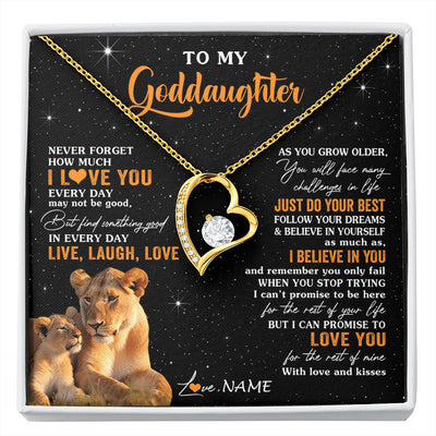 Forever Love Necklace 18K Yellow Gold Finish | 1 | Personalized To My Goddaughter Necklace From Aunt Live Laugh Love Lion Goddaughter Birthday Positive Graduation Christmas Customized Gift Box Message Card | siriusteestore