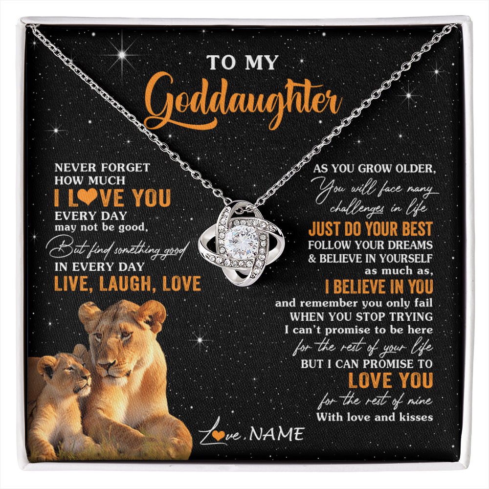 Love Knot Necklace 14K White Gold Finish | 1 | Personalized To My Goddaughter Necklace From Aunt Live Laugh Love Lion Goddaughter Birthday Positive Graduation Christmas Customized Gift Box Message Card | siriusteestore
