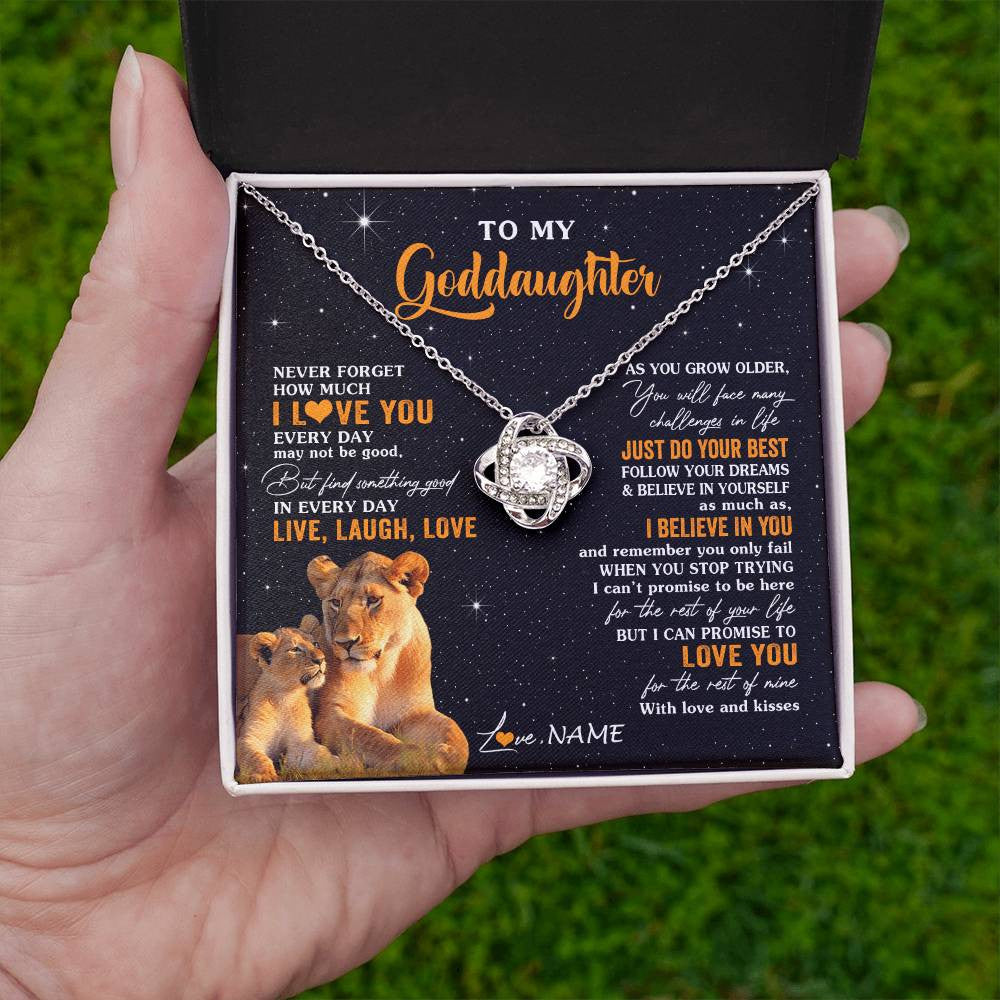 Love Knot Necklace 14K White Gold Finish | 2 | Personalized To My Goddaughter Necklace From Aunt Live Laugh Love Lion Goddaughter Birthday Positive Graduation Christmas Customized Gift Box Message Card | siriusteestore
