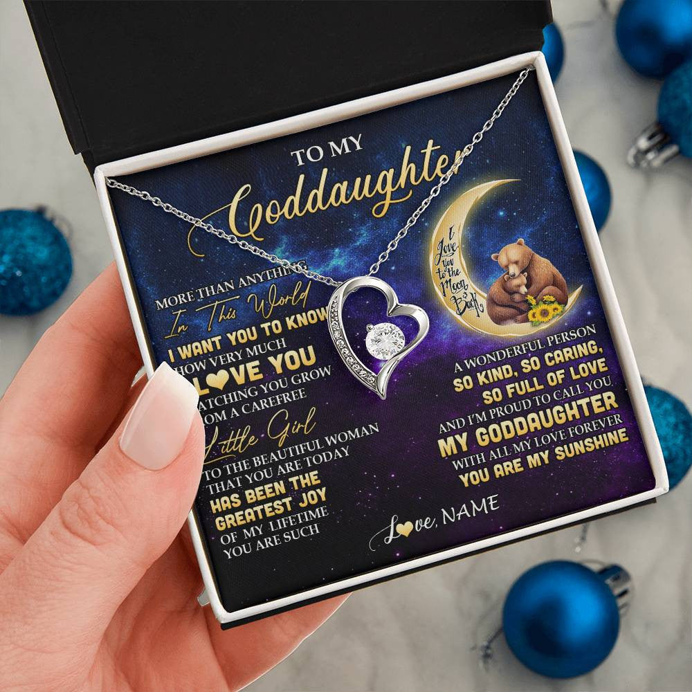 Forever Love Necklace 14K White Gold Finish | 2 | Personalized To My Goddaughter Necklace From Aunt Positive Energy Encourage Brave Little Bear Goddaughter Birthday Christmas Customized Gift Box Message Card | siriusteestore
