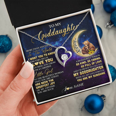 Forever Love Necklace 14K White Gold Finish | 2 | Personalized To My Goddaughter Necklace From Aunt Positive Energy Encourage Brave Little Bear Goddaughter Birthday Christmas Customized Gift Box Message Card | siriusteestore