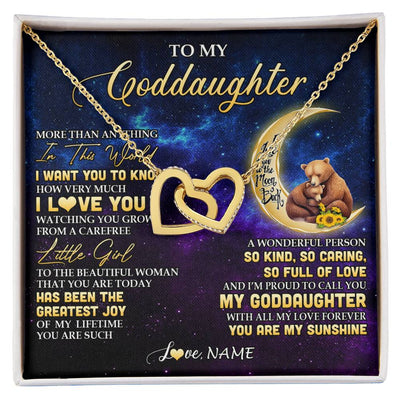 Interlocking Hearts Necklace 18K Yellow Gold Finish | 1 | Personalized To My Goddaughter Necklace From Aunt Positive Energy Encourage Brave Little Bear Goddaughter Birthday Christmas Customized Gift Box Message Card | siriusteestore