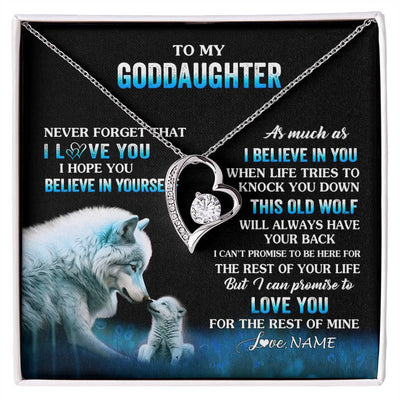 Forever Love Necklace 14K White Gold Finish | 1 | Personalized To My Goddaughter Necklace From Aunt This Old Wolf Love Goddaughter Birthday Gifts Jewelry Graduation Christmas Customized Gift Box Message Card | siriusteestore