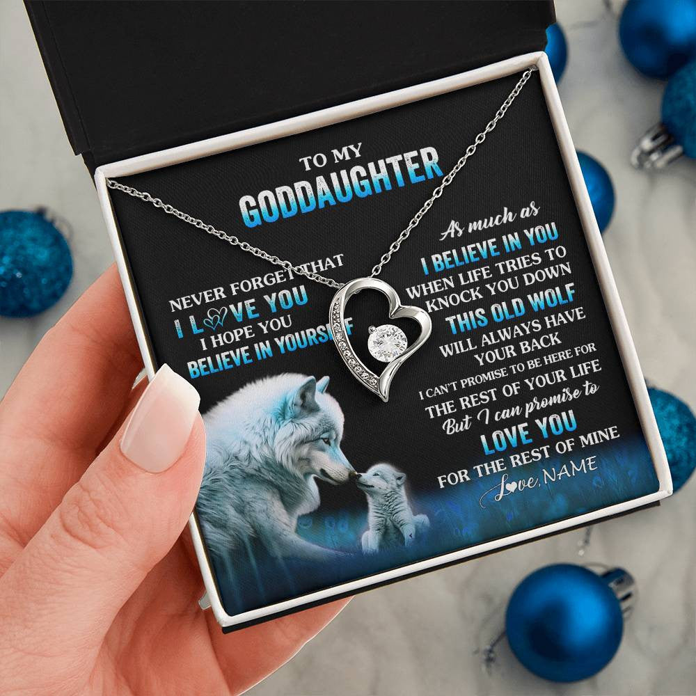 Forever Love Necklace 14K White Gold Finish | 2 | Personalized To My Goddaughter Necklace From Aunt This Old Wolf Love Goddaughter Birthday Gifts Jewelry Graduation Christmas Customized Gift Box Message Card | siriusteestore