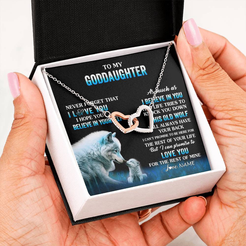 Interlocking Hearts Necklace Stainless Steel & Rose Gold Finish | 2 | Personalized To My Goddaughter Necklace From Aunt This Old Wolf Love Goddaughter Birthday Gifts Jewelry Graduation Christmas Customized Gift Box Message Card | siriusteestore