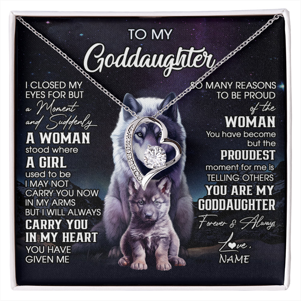 Forever Love Necklace 14K White Gold Finish | 1 | Personalized To My Goddaughter Necklace From Aunt Uncle I Close My Eyes Wolf Goddaughter Birthday Gifts Graduation Christmas Customized Gift Box Message Card | siriusteestore
