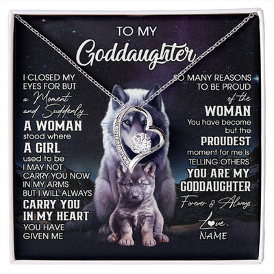 Forever Love Necklace 14K White Gold Finish | 1 | Personalized To My Goddaughter Necklace From Aunt Uncle I Close My Eyes Wolf Goddaughter Birthday Gifts Graduation Christmas Customized Gift Box Message Card | siriusteestore